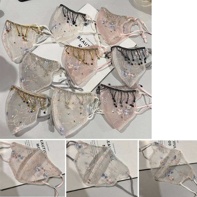 Influencer Same-Style Lace Embroidery Rhinestone Decorated Breathable Dustproof Face Veil Mask for Women, Starry Sky Design