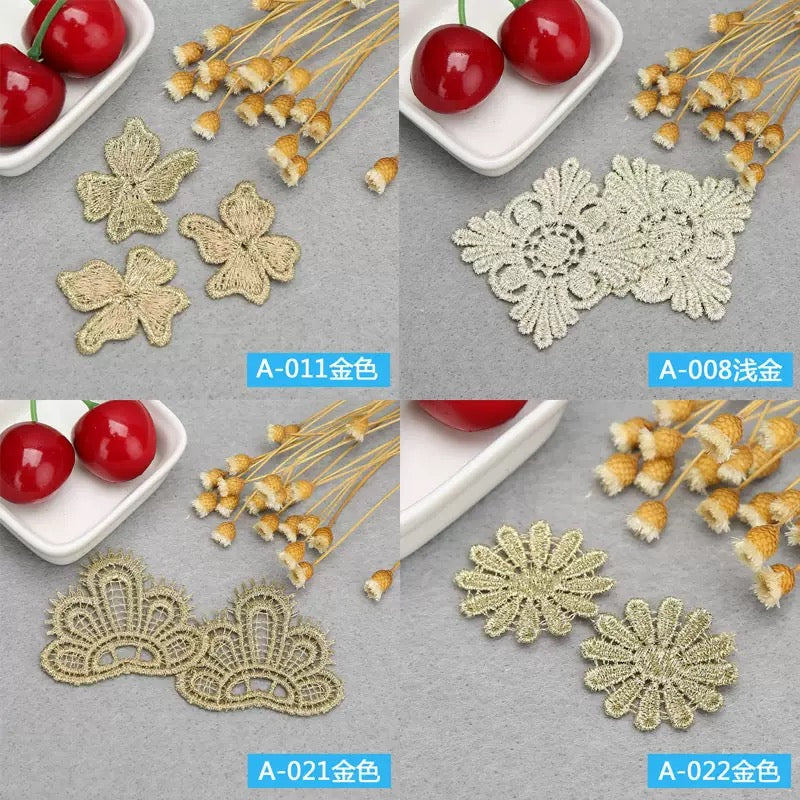 Water-soluble Gold/Silver Metallic Thread Lace Applique Embroidery Flower Lace Patch for Garment Decoration