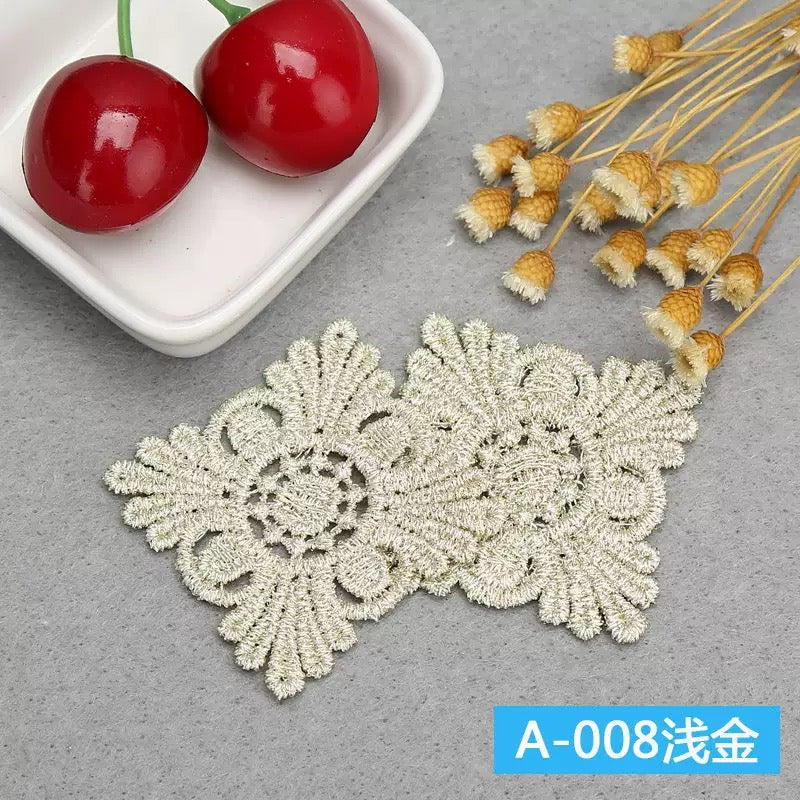 Water soluble Gold/ Silver Metallic Thread Lace Applique Embroidery Flower Lace Patch for Garment Decoration