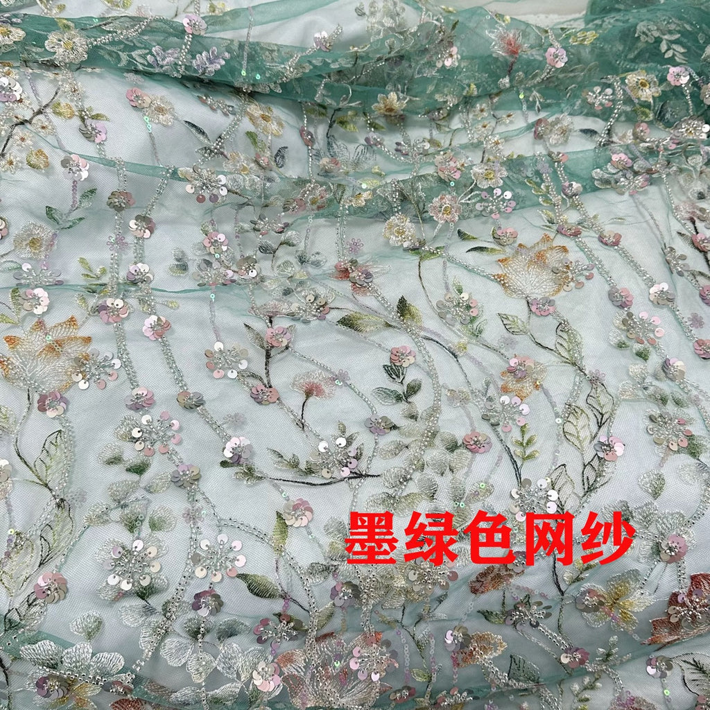 125cm Full Sequined Hand-beaded 3D Floral Lace Fabric with Lotus Peony Embroidery for Hanfu Evening Dress Garment Accessories