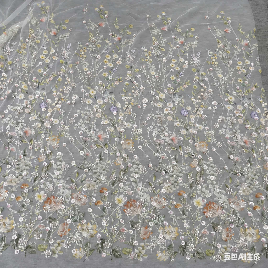 125cm Full Sequined Hand-beaded 3D Floral Lace Fabric with Lotus Peony Embroidery for Hanfu Evening Dress Garment Accessories