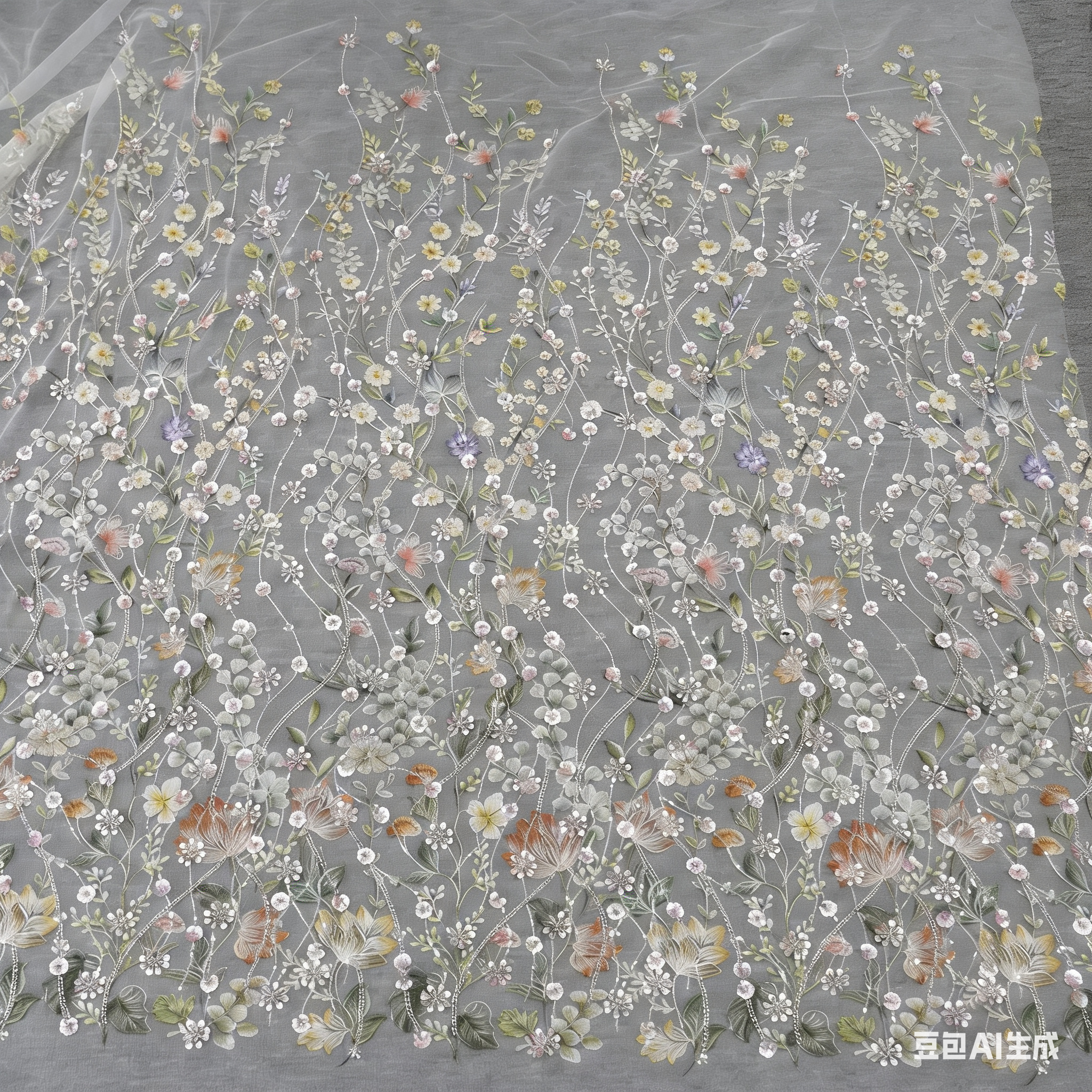 125cm Full Sequined Hand-beaded 3D Floral Lace Fabric with Lotus Peony Embroidery for Hanfu Evening Dress Garment Accessories