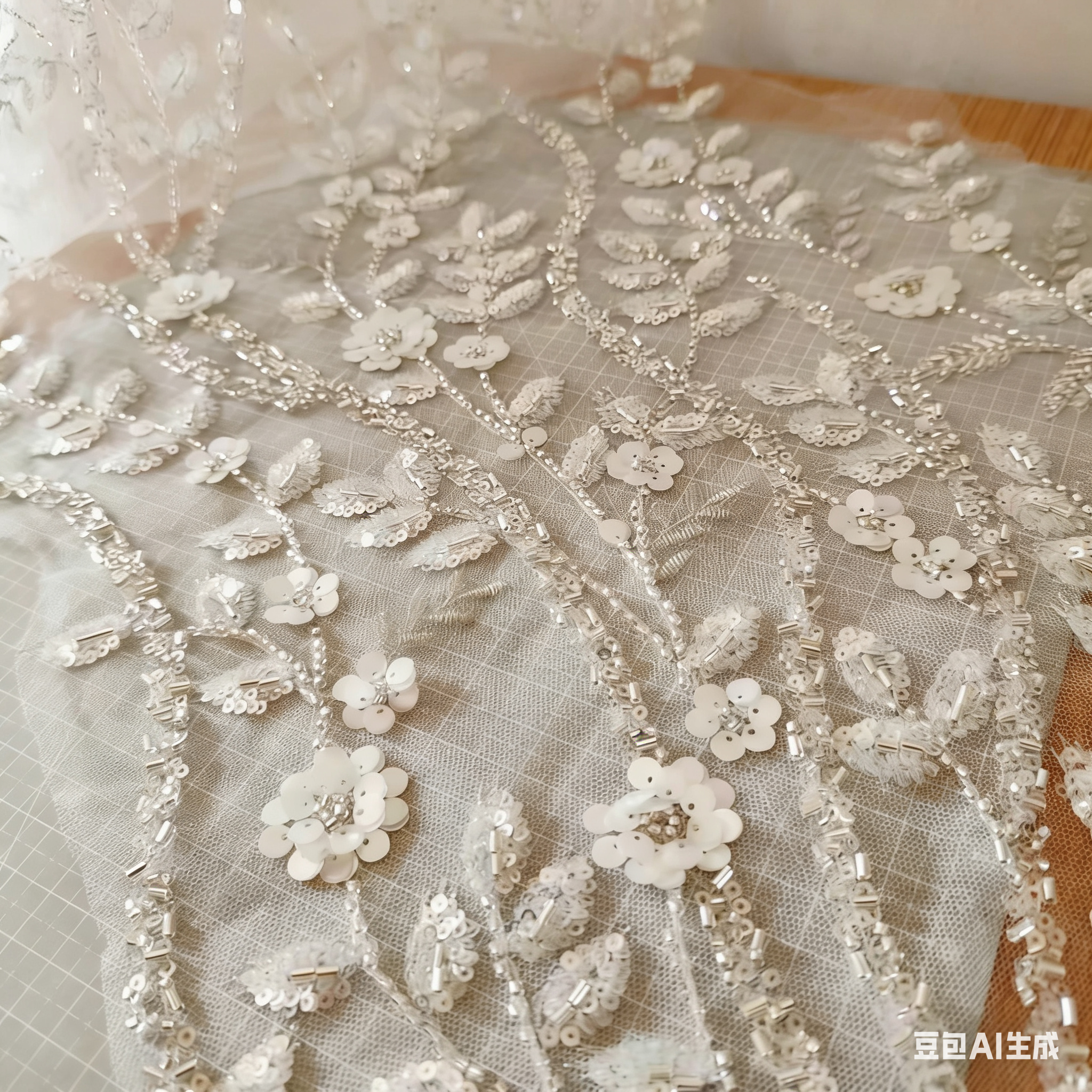 10pcs New Arrival Pearl and Sequined Floral Applique Fabric White Ceramic Beaded Floral Lace Patch for Bridal Wedding Dress and DIY Craft Supplies
