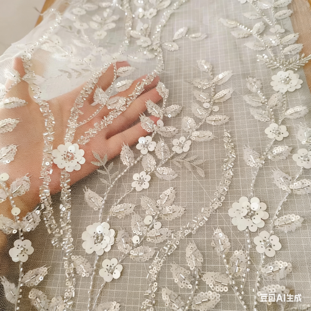10pcs New Arrival Pearl and Sequined Floral Applique Fabric White Ceramic Beaded Floral Lace Patch for Bridal Wedding Dress and DIY Craft Supplies