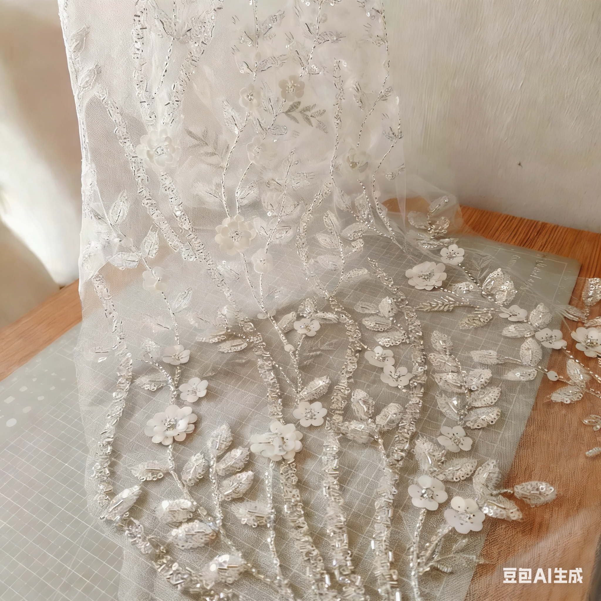 10pcs New Arrival Pearl and Sequined Floral Applique Fabric White Ceramic Beaded Floral Lace Patch for Bridal Wedding Dress and DIY Craft Supplies