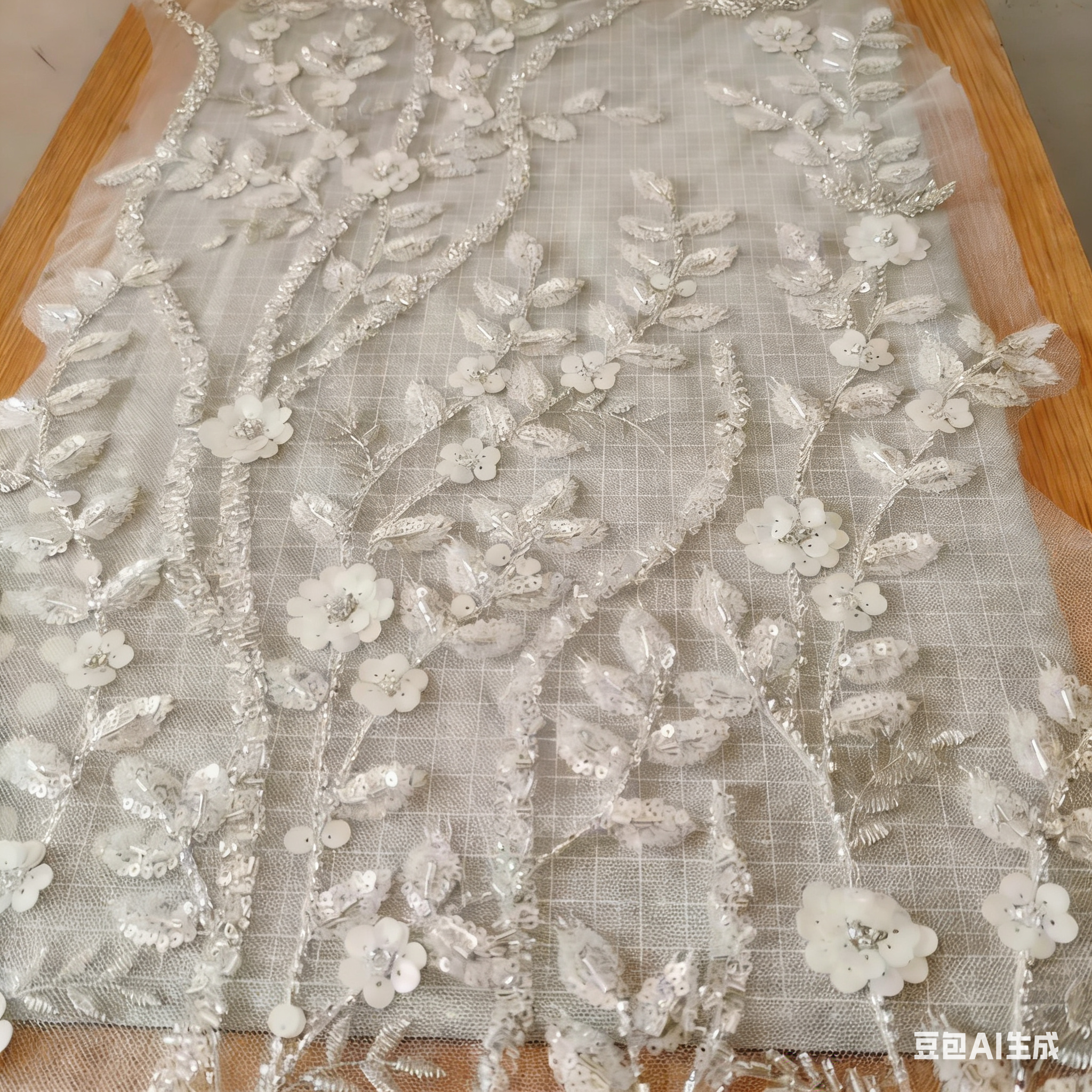 10pcs New Arrival Pearl and Sequined Floral Applique Fabric White Ceramic Beaded Floral Lace Patch for Bridal Wedding Dress and DIY Craft Supplies