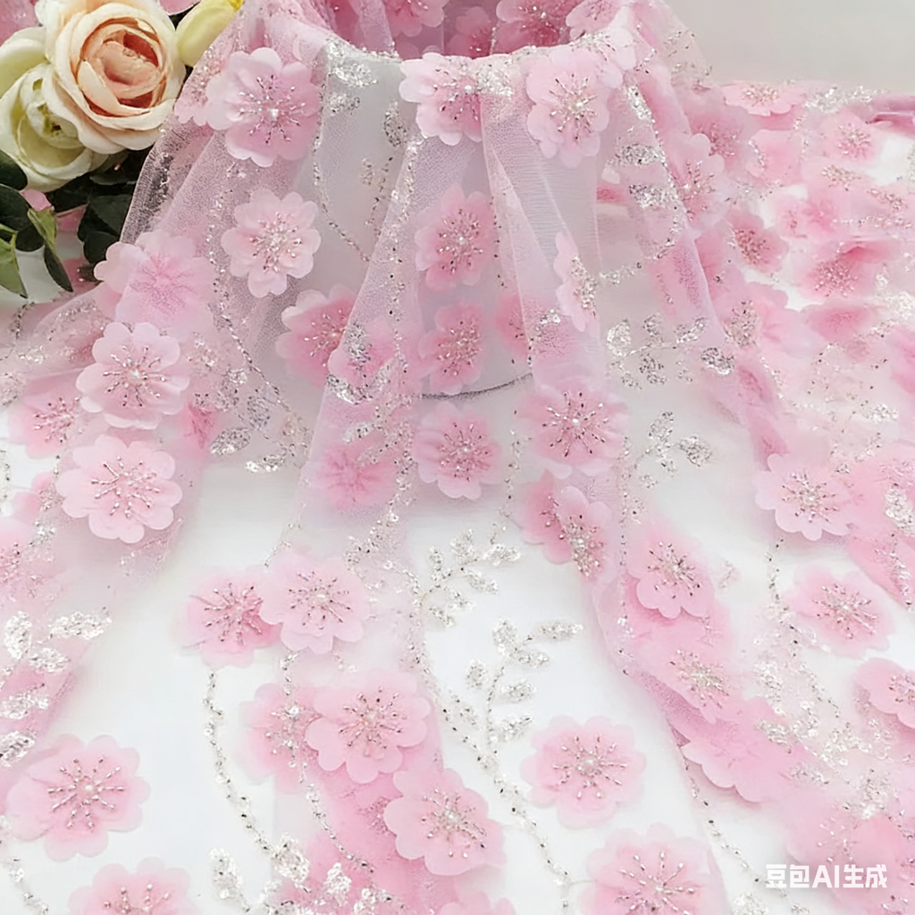 10 meters In Stock Laser 3D Plum Blossom Bead Tube Embroidery Mesh Lace Fabric, Sequin Material for Fashion Wedding Dresses, Stage Costumes & Kids Wear 10 meters