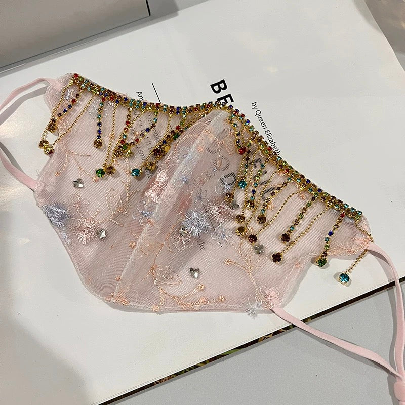 Influencer Same-Style Lace Embroidery Rhinestone Decorated Breathable Dustproof Face Veil Mask for Women, Starry Sky Design