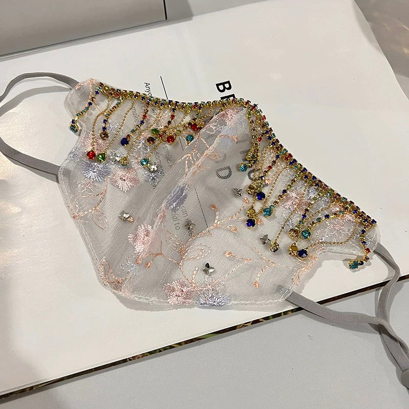 Influencer Same-Style Lace Embroidery Rhinestone Decorated Breathable Dustproof Face Veil Mask for Women, Starry Sky Design