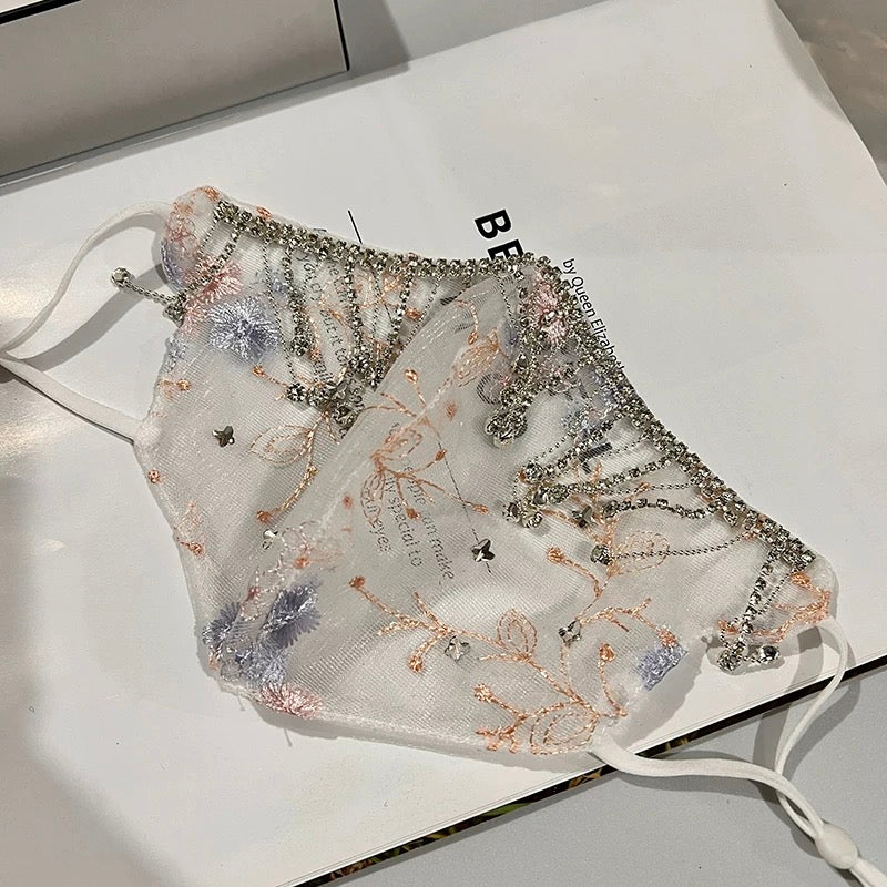 Influencer Same-Style Lace Embroidery Rhinestone Decorated Breathable Dustproof Face Veil Mask for Women, Starry Sky Design