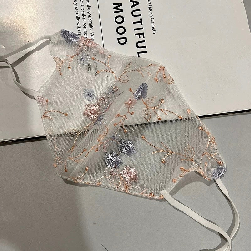 Influencer Same-Style Lace Embroidery Rhinestone Decorated Breathable Dustproof Face Veil Mask for Women, Starry Sky Design