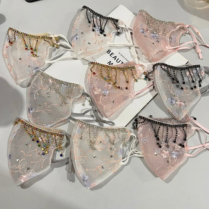 Influencer Same-Style Lace Embroidery Rhinestone Decorated Breathable Dustproof Face Veil Mask for Women, Starry Sky Design