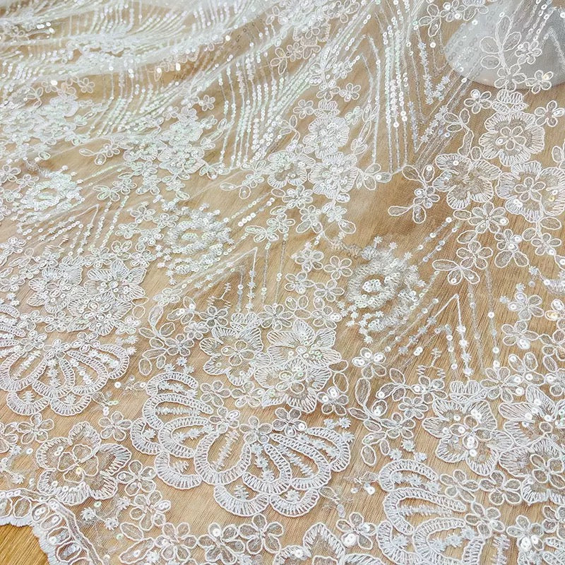 sequined and beading cording floral polyester lace fabric for wedding dress