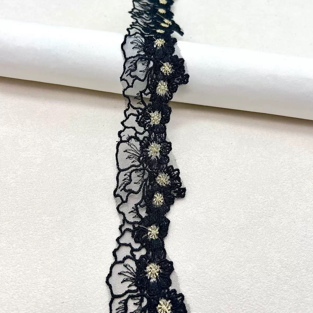 New Arrival Mesh Chinese Style Gold Embroidered Lace Trim, Hanfu Mesh Ribbon, Cheongsam Clothing Accessories