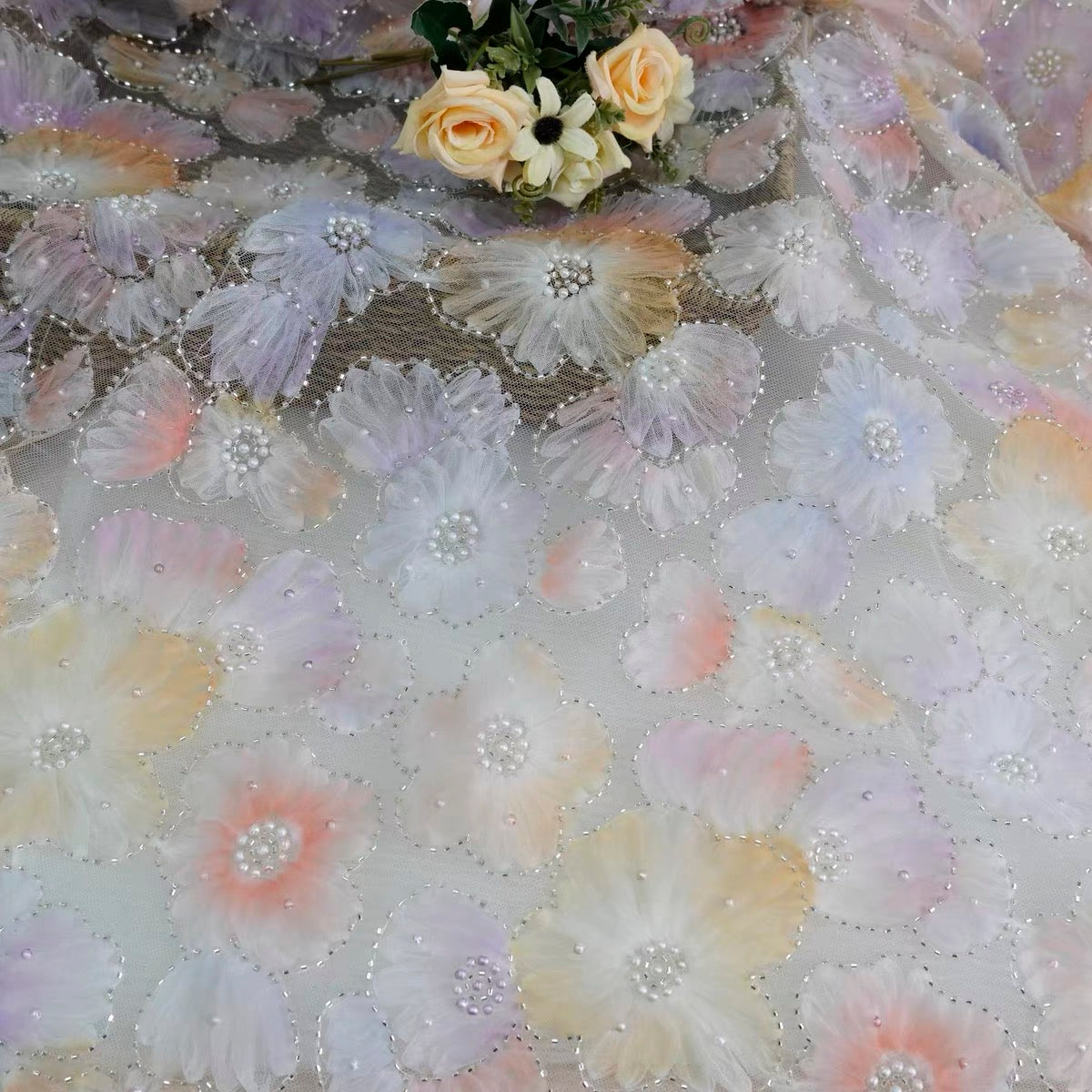 10 yards 130cm polyester flowers pearls and tubes lace fabric for dress