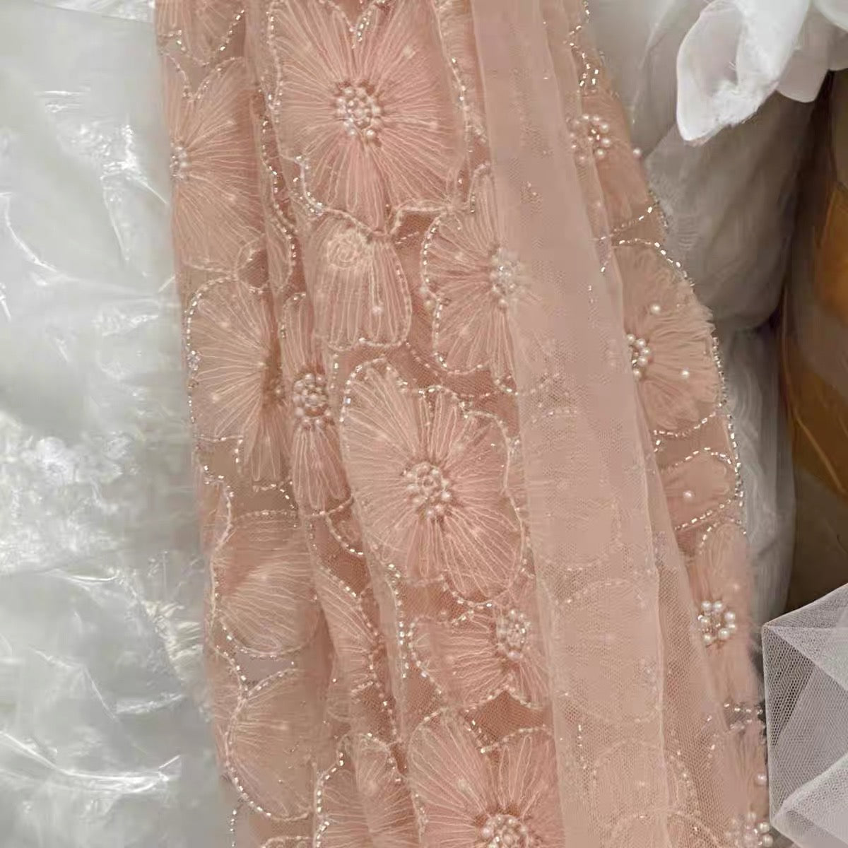 10 yards 130cm polyester flowers pearls and tubes lace fabric for dress