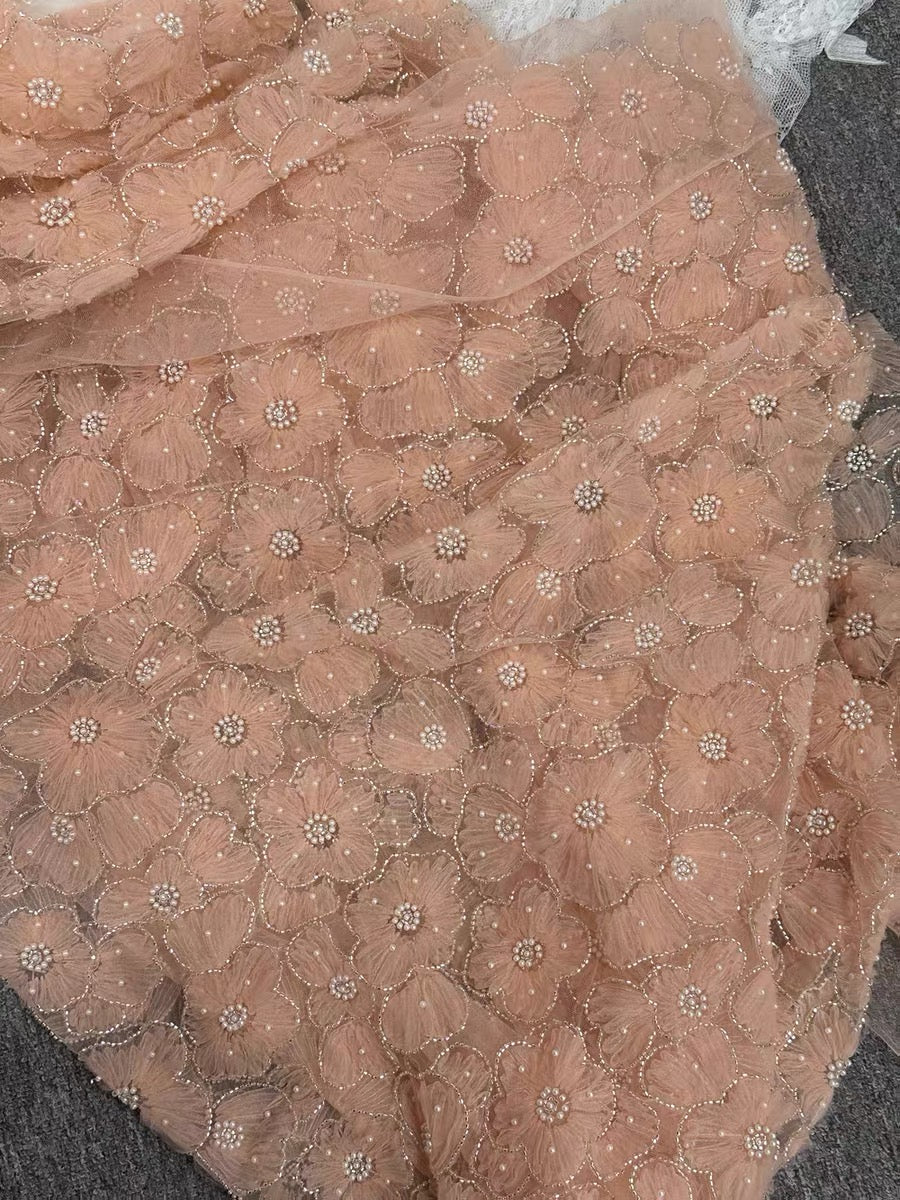 10 yards 130cm polyester flowers pearls and tubes lace fabric for dress