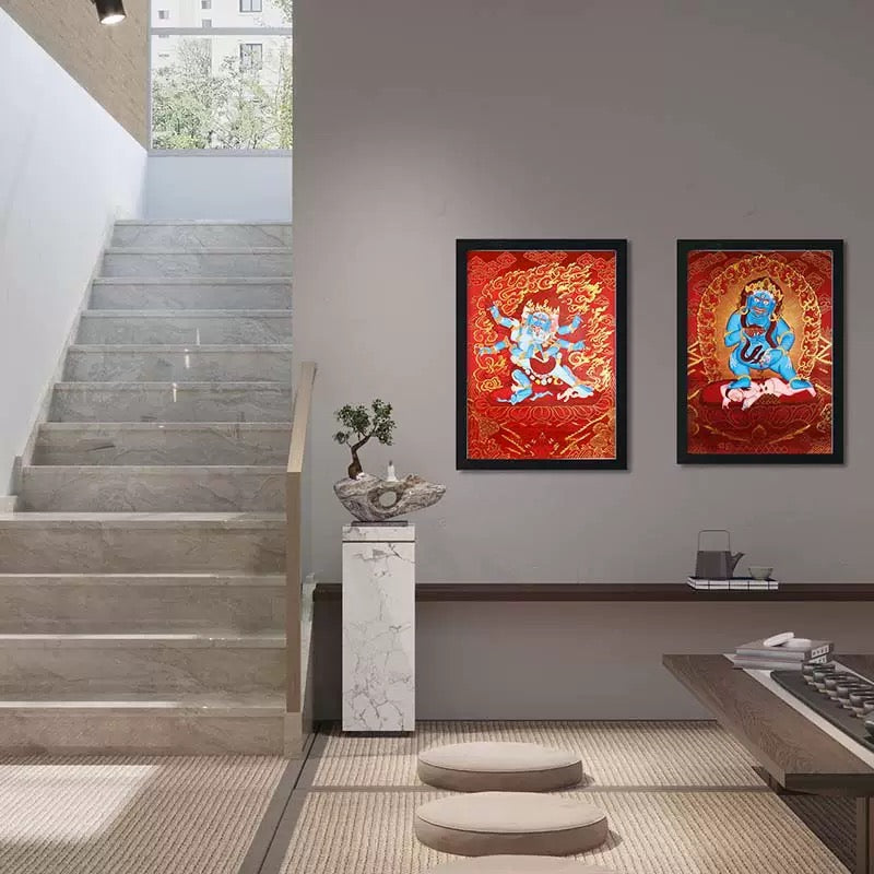 Nepalese Hand-painted Premium Thangka Paintings, Green Tara & Vajrakilaya Red Thangka, Hanging Wall Art for Living Room & Entrance Hal