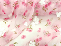 Girlish pink semi-sheer chiffon fabric, drapey champagne rose printed with white flower embroidery, kids garment material