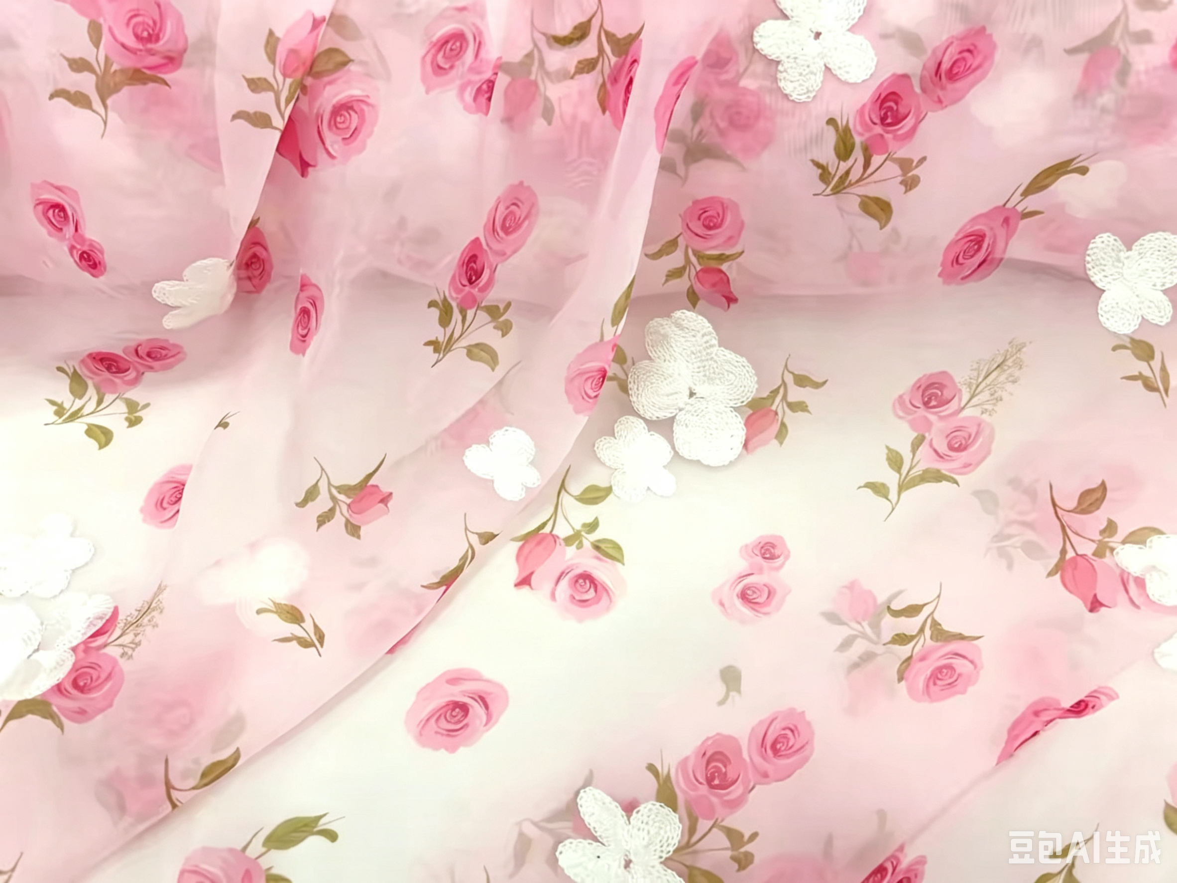 Girlish pink semi-sheer chiffon fabric, drapey champagne rose printed with white flower embroidery, kids garment material