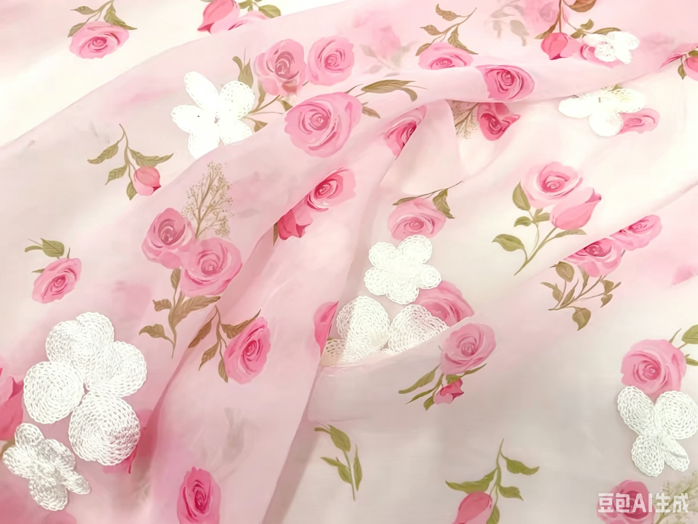 Girlish pink semi-sheer chiffon fabric, drapey champagne rose printed with white flower embroidery, kids garment material