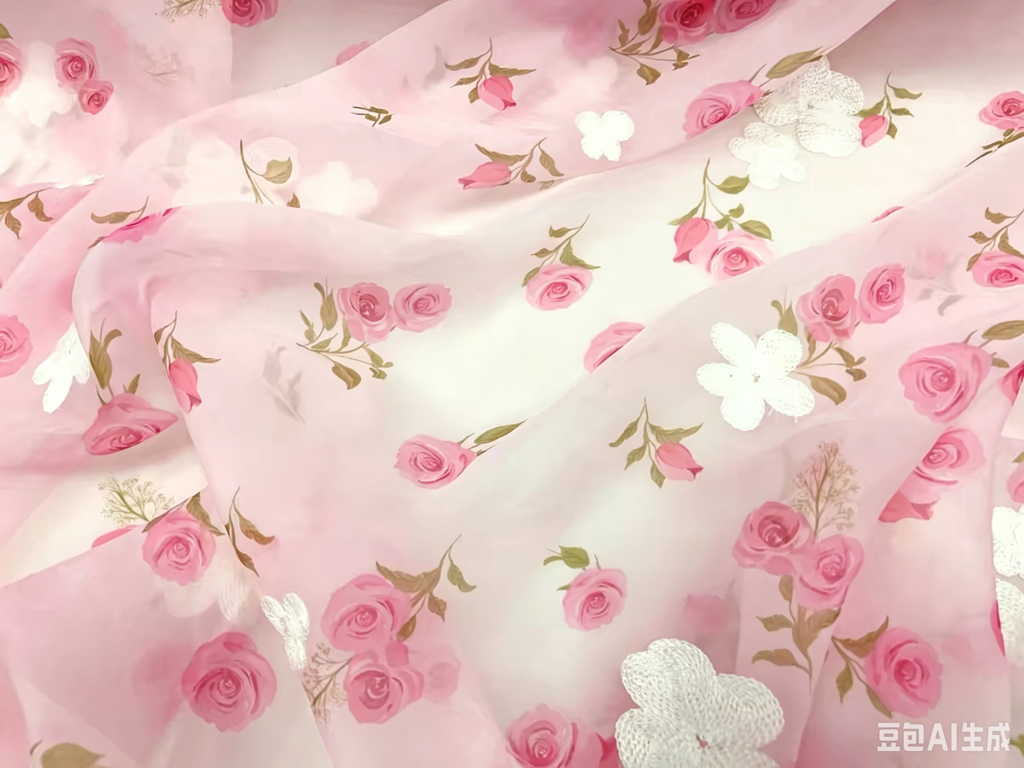 Girlish pink semi-sheer chiffon fabric, drapey champagne rose printed with white flower embroidery, kids garment material