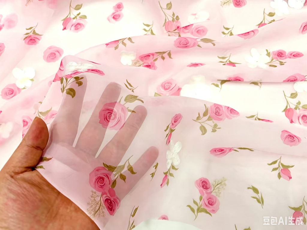Girlish pink semi-sheer chiffon fabric, drapey champagne rose printed with white flower embroidery, kids garment material