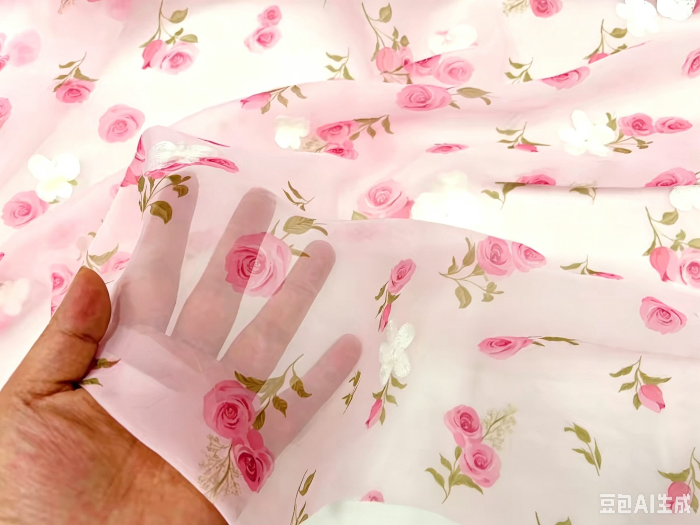 Girlish pink semi-sheer chiffon fabric, drapey champagne rose printed with white flower embroidery, kids garment material