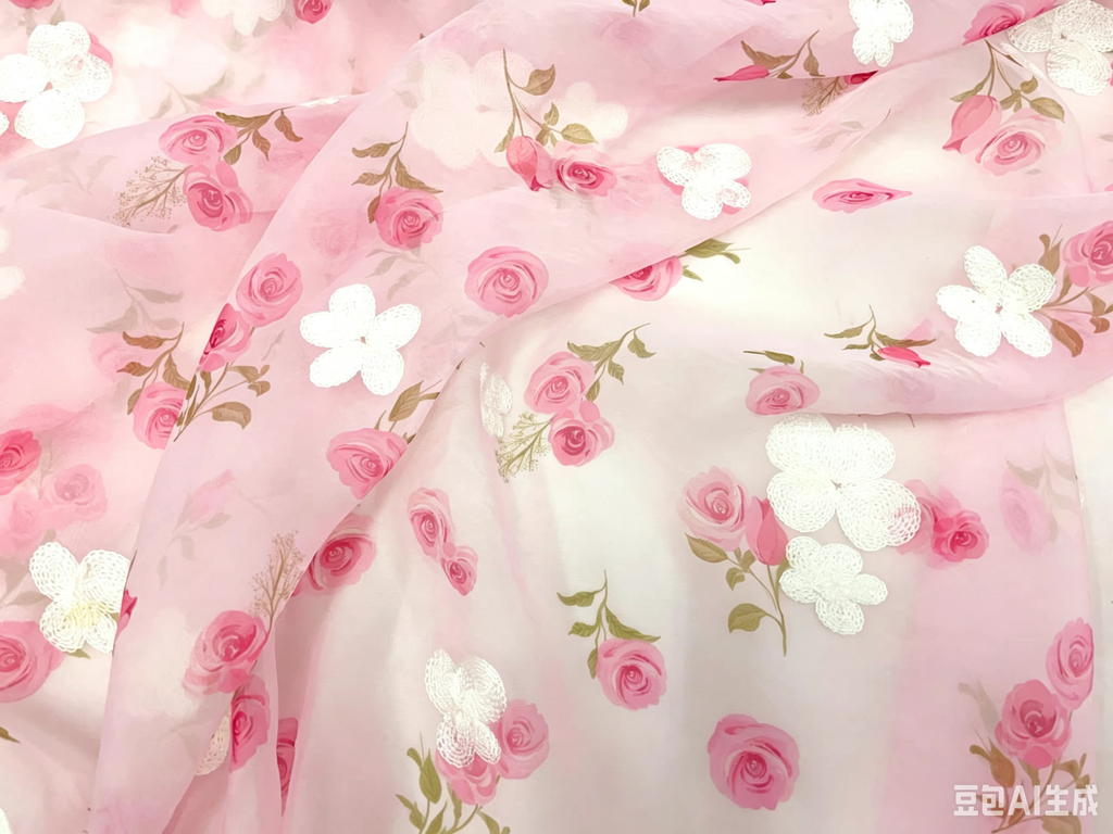Girlish pink semi-sheer chiffon fabric, drapey champagne rose printed with white flower embroidery, kids garment material