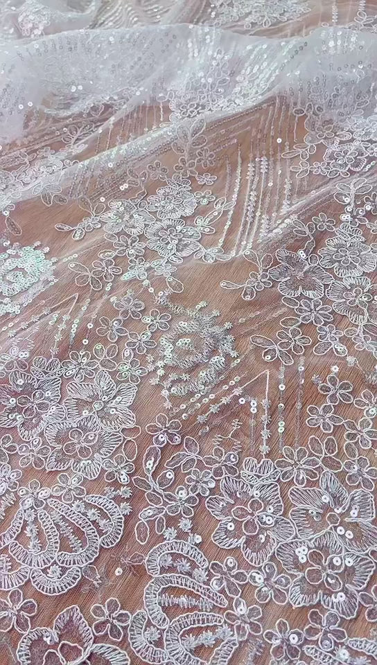 sequined and beading cording floral polyester lace fabric for wedding dress