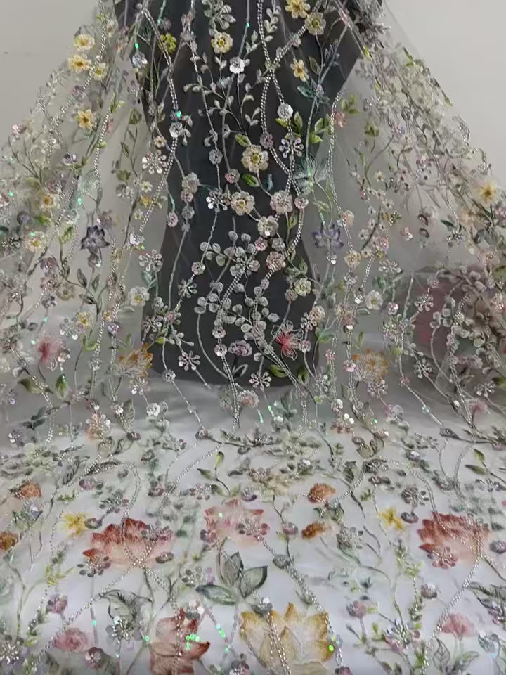 125cm Full Sequined Hand-beaded 3D Floral Lace Fabric with Lotus Peony Embroidery for Hanfu Evening Dress Garment Accessories