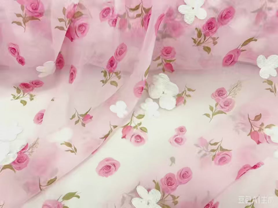 Girlish pink semi-sheer chiffon fabric, drapey champagne rose printed with white flower embroidery, kids garment material