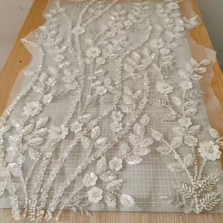 10pcs New Arrival Pearl and Sequined Floral Applique Fabric White Ceramic Beaded Floral Lace Patch for Bridal Wedding Dress and DIY Craft Supplies