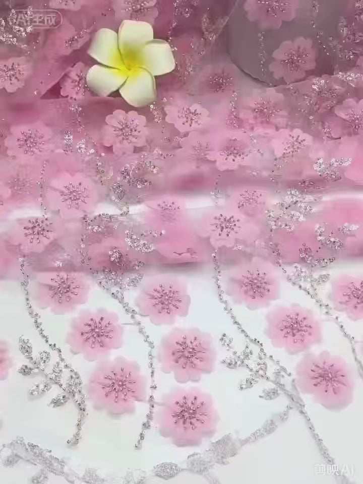 10 meters In Stock Laser 3D Plum Blossom Bead Tube Embroidery Mesh Lace Fabric, Sequin Material for Fashion Wedding Dresses, Stage Costumes & Kids Wear 10 meters